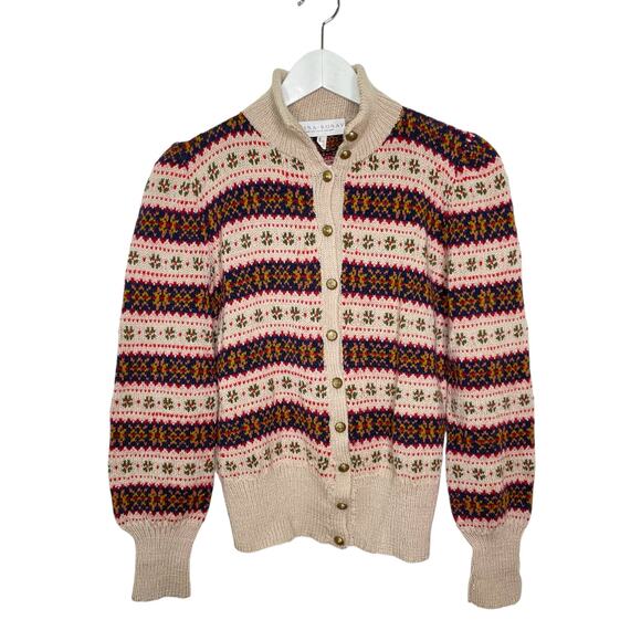 Edina Ronay England Tan, Red, Blue Fair Isle Hand Knit Wool Cardigan Sweater - Picture 1 of 10